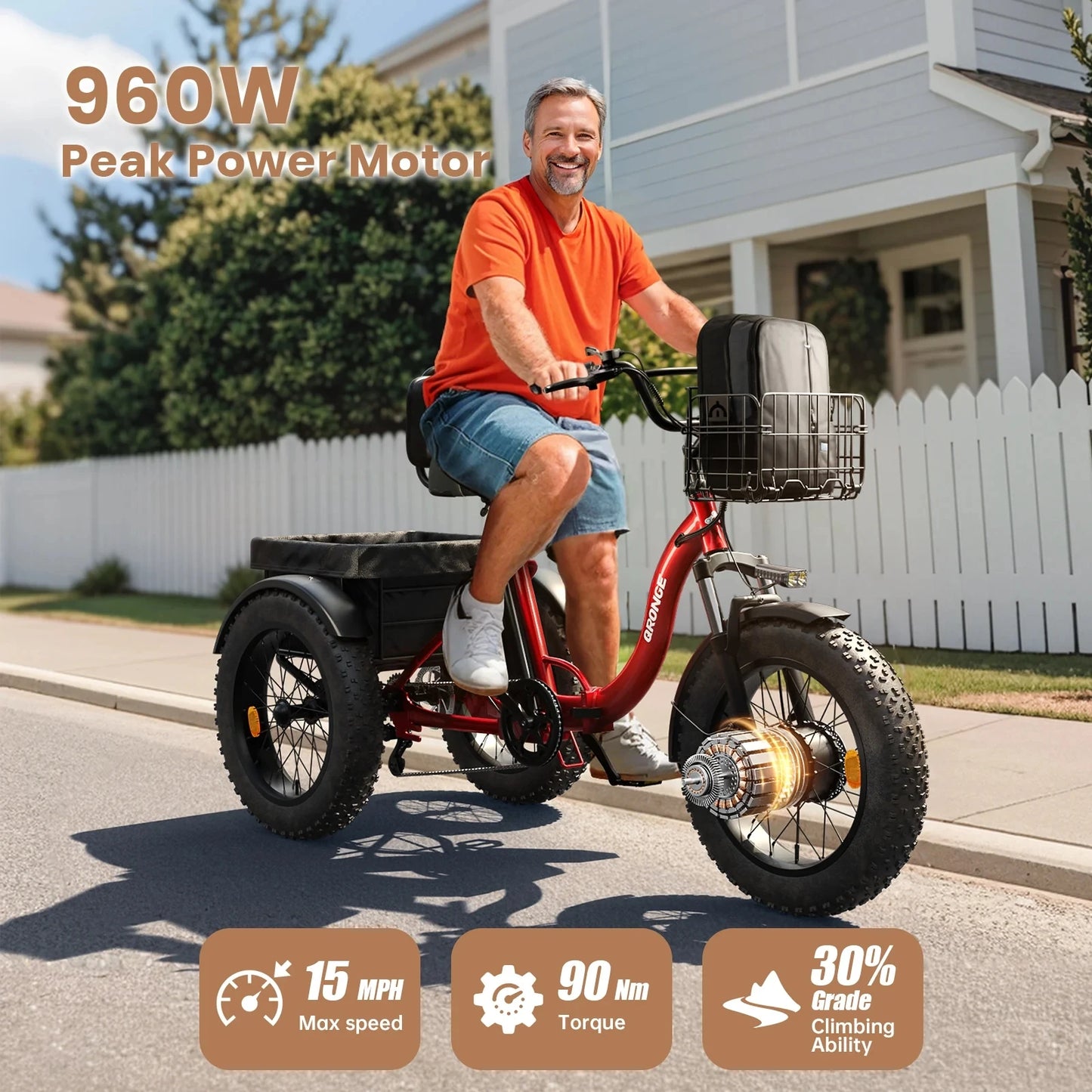 QRONGE Electric Bike for Adults 960W Peak 36V 13.5AH Battery Folding Electric Tricycle 50 Miles Range Fat Tire Electric Trike